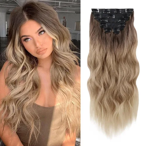 Miniatura 31 de WECAN Extensión de cabello con clip, de 20 pulgadas, mezcla de rubio ceniza y rubio decolorado, 6 piezas, extensiones de cabello largo ondulado