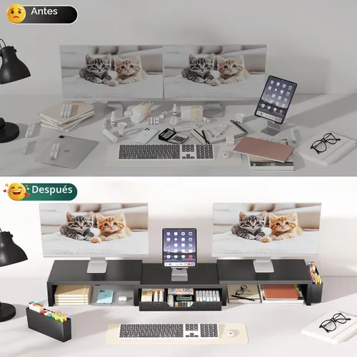Miniatura 6 de OPNICE Soporte elevador de monitor doble con cajón y 2 soportes para bolígrafos, organizador de escritorio para suministros de oficina, soporte