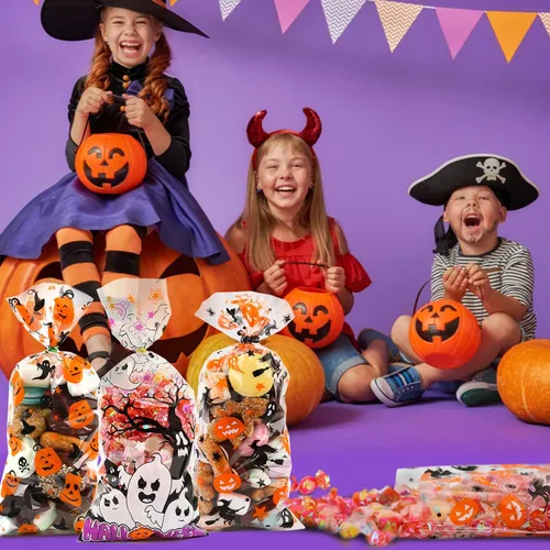Miniatura 6 de LOMIMOS 150 bolsas de dulces de celofán de Halloween, bolsas de plástico transparente con 300 lazos giratorios para aperitivos, galletas