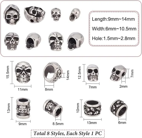 Miniatura 4 de UNICRAFTALE 8 cuentas espaciadoras de acero inoxidable con cabeza de calavera de 8 estilos, cuentas sueltas de plata antigua, cuentas de metal