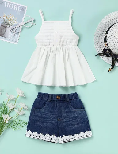 Miniatura 9 de SEYOUAG Conjunto de 2 piezas de ropa para niña pequeña + pantalones cortos de mezclilla
