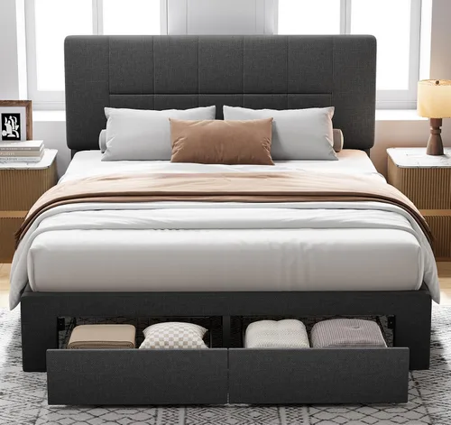 Miniatura 9 de Pipishell - Base de cama Queen con 12 patas engrosadas y cabecero tapizado en tela, capacidad de peso de 1300 lbs, cabecero ajustable, no necesita