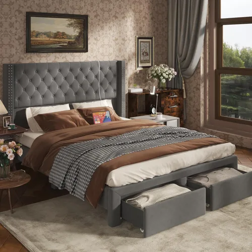 Miniatura 7 de CIKUNASI Base de cama de terciopelo Queen con cabecero, almacenamiento, luz LED, estación de carga, gris, tablero de fibra de densidad media