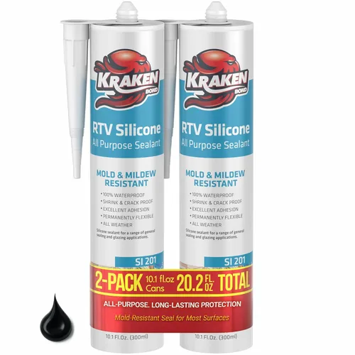 Kraken Bond Sellador de silicona negro resistente al agua Cartucho de 100 a 10 onzas líquidas, RTV silicona para calafatear cocina y baño, todo uso,