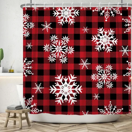 Miniatura 5 de Cortina de ducha con diseño de copo de nieve, rojo, negro, búfalo a cuadros, Navidad, blanco, nieve, invierno, decoración de baño, retro, rústico