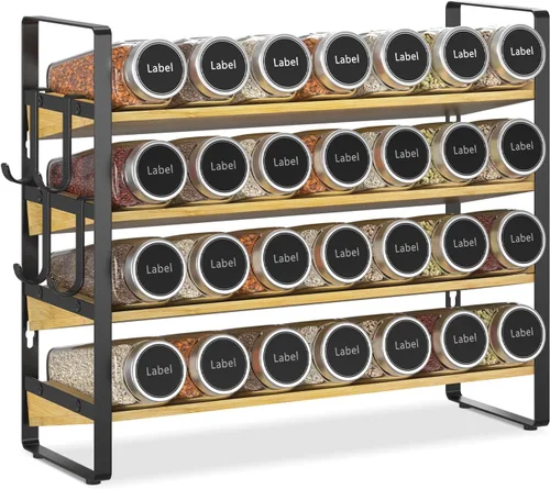 Miniatura 10 de EsLuker.ly Organizador de condimentos para especias para encimera de cocina, 4 niveles de bambú para especias con 4 ganchos, soporte independiente