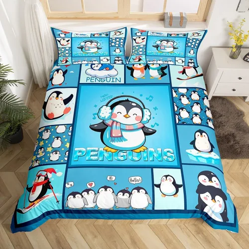 Miniatura 4 de Juego de funda de edredón de pingüinos de dibujos animados para niños, tamaño King, lindo juego de ropa de cama de esquí de animales árticos, Multi