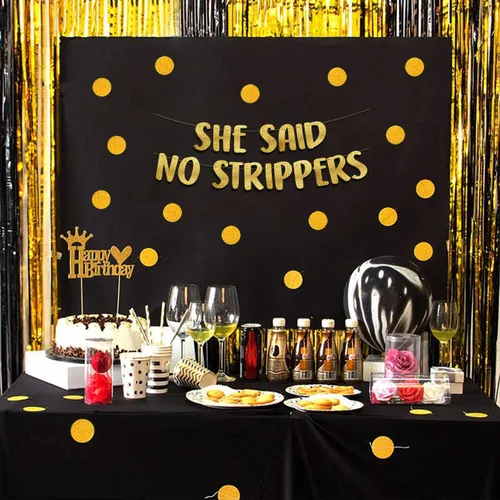 Miniatura 6 de Cartel dorado con purpurina preencordada con texto en inglés «She Said No Strippers», divertidas decoraciones para despedida de soltero para él