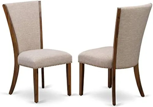 East West Furniture VEP8T04 Verona Parsons - Juego de 2 sillas de comedor tapizadas de tela de lino marrón claro con ribete de clavo, color nogal