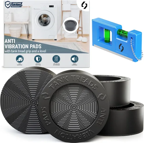 Almohadillas antivibración para lavadora – 4 almohadillas XL con agarre de banda de rodadura + nivel – Pedestales de lavadora y secadora se adaptan