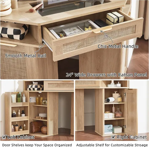 Miniatura 6 de Lerliuo Tocador Esquinero con Espejo de 3 Vías y Luces, Tocador de Maquillaje de Ratán de 46'' con Cajón Superior de Cristal, Gabinetes de Madera