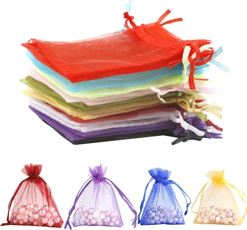 Bolsas de organza, bolsa de organza transparente, 50 unidades, pequeñas bolsas de organza con cordón de 3 x 4 pulgadas, bolsas de regalo de joyería,