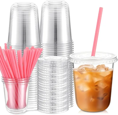 Miniatura 8 de Ziliny 50 Juegos de Vasos de Plástico Transparente con Pajitas y Tapas Rosas en Forma de Corazón, Vasos Desechables para Café Helado Drinking Pet