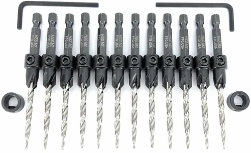 Miniatura 6 de FTG USA Juego de 12 brocas avellanadoras #8 (11/64 pulgadas) con collar de tope de profundidad, llave hexagonal, brocas cónicas para madera