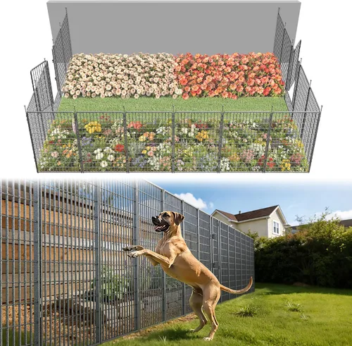 Miniatura 26 de FXW - Valla de jardín metálica y resistente para exteriores, barrera para perros y conejos, fácil instalación, negro, 24 pulgadas de alto x 29.6