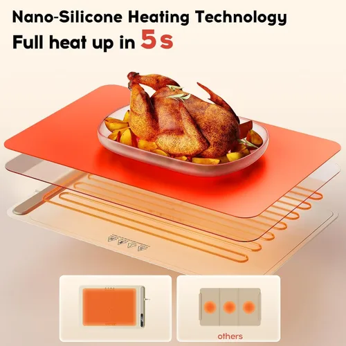 Miniatura 4 de Esterilla de calentamiento para alimentos, bandeja de calentamiento eléctrica Voriah con 3 ajustes de temperatura y apagado automático, calentador