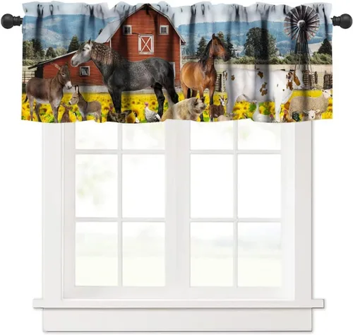 Miniatura 18 de Cenefa de piel de vaca blanca y negra, con estampado de animales de granja occidental, cortina corta opaca para ventana de granja, cocina