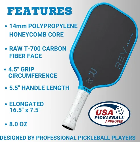 Miniatura 3 de Rev Pickleball Pro-Performance Paddle - Pickleball Racket - Carbon Fiber Face - Thermoformed with Foam-Injected Walls - 14mm - 16.5"x7.5"- 8oz - USA