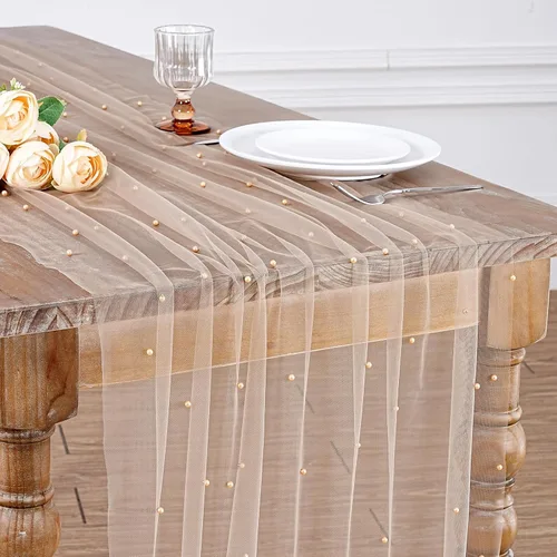 Miniatura 19 de LuoluoHouse Camino de Mesa de Perla para Centros de Mesa de Boda: Camino de Mesa de Perla de 10 pies, Decoración de Mesa de 29x120 Pulgadas de Tul