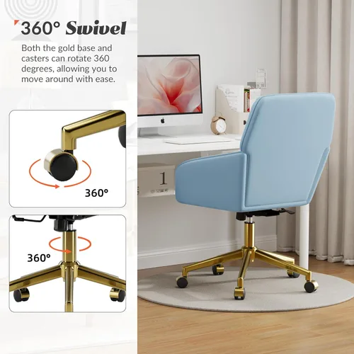 Miniatura 4 de YISHENG - Silla de escritorio de terciopelo para oficina con base dorada, con ruedas, sillas tapizadas modernas ajustables en altura con giro de 360
