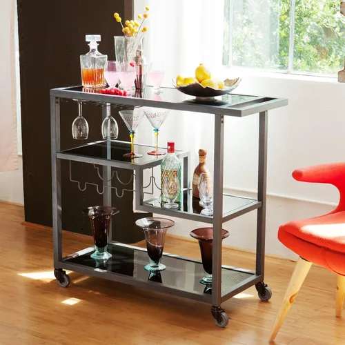 Miniatura 5 de SEI Furniture - Carrito de bar Holly & Martin Zephs - Gris plomizo con cristal negro - Diseño de transición, metal y vidrio - Ideal para sala