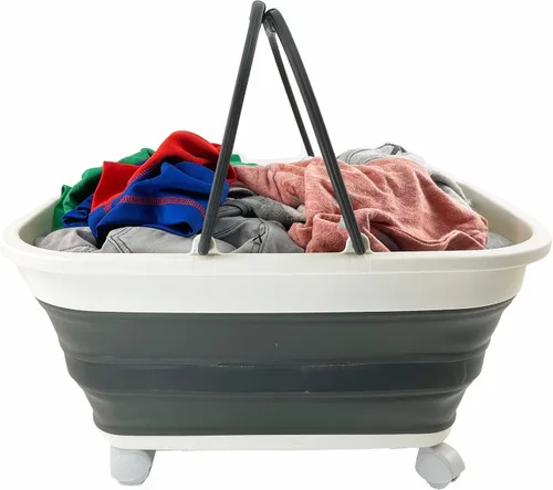Miniatura 6 de SAMMART Cesta de plástico plegable de 26 litros (6.8 galones) con asa y ruedas, contenedor de almacenamiento plegable con asa y ruedas, bañera