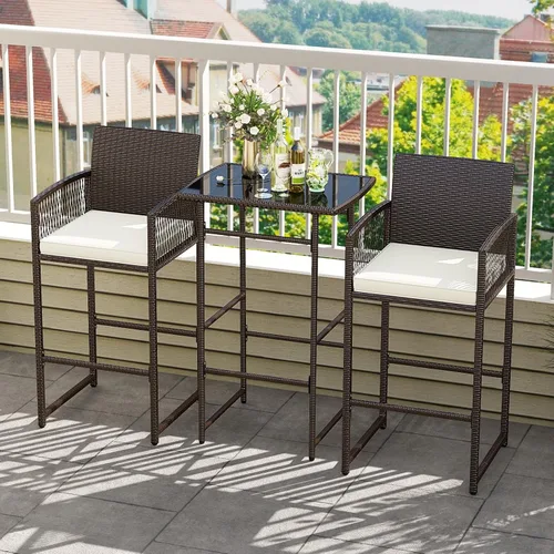 Miniatura 4 de Tangkula Juego de barra de patio de 3 piezas, mesa de metal de altura de barra de mimbre para exteriores de servicio pesado y sillones con cojines