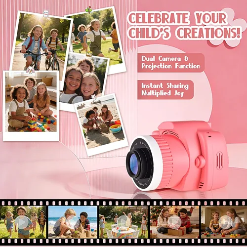 Miniatura 4 de Cámara digital para niños con videojuegos, cámara digital para niños Fhd 1080P, videocámara digital para niños con proyector Stent para regalos, rosa