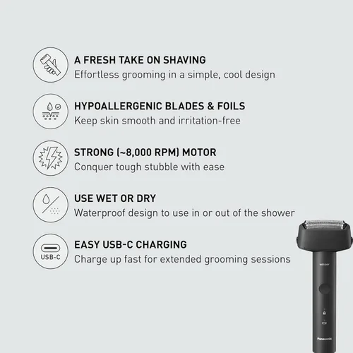 Miniatura 2 de Panasonic Maquinilla de afeitar eléctrica para hombres, afeitadora en seco y húmedo con sistema de corte de 3 cuchillas, mango ergonómico y carga