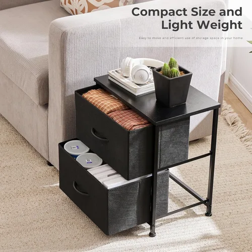 Miniatura 7 de NEWBULIG Mesita de noche con 2 cajones de tela, cómoda pequeña de 25 pulgadas de alto, mesita de noche con almacenamiento para dormitorio, armario