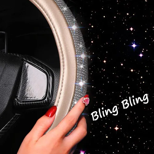 Miniatura 5 de Funda de volante de cuero con diamantes brillantes, fundas doradas para volante para mujeres y niñas con diamantes de imitación de cristal, Dorado