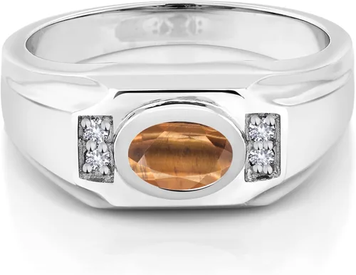 Miniatura 2 de Gem Stone King Anillo de plata de ley 925 con diseño de ojo de tigre marrón ovalado de 1.41 quilates para hombre