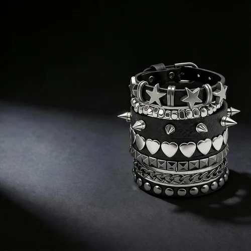 Miniatura 5 de 5 pulseras punk con tachuelas para mujeres y hombres, pulseras de remaches de metal de estilo alternativo de rock, juego de joyería hip hop