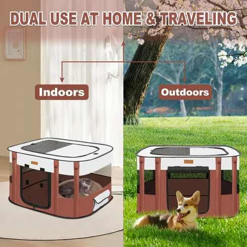 Miniatura 7 de Corralito para perros – Bolígrafos plegables de juego para gatos, para gatitos, conejos, tienda de campaña portátil para mascotas con bolsa de Marrón