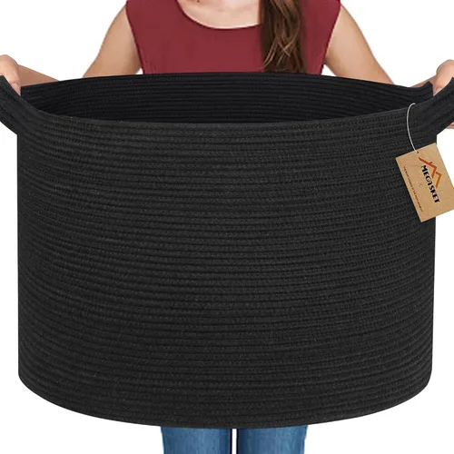 MEGASKET Cesta grande de manta negra, 22 x 22 x 14 pulgadas, contenedor de cuerda tejida para almacenamiento, caja de almacenamiento de juguetes