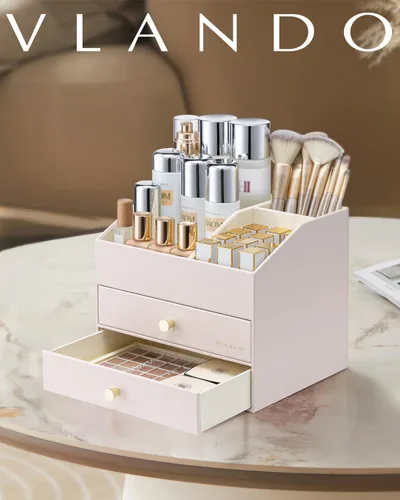 Miniatura 8 de Organizador de maquillaje Vlando, organizador para el cuidado de la piel para tocador, organizador de maquillaje de PU con cajones, estuche