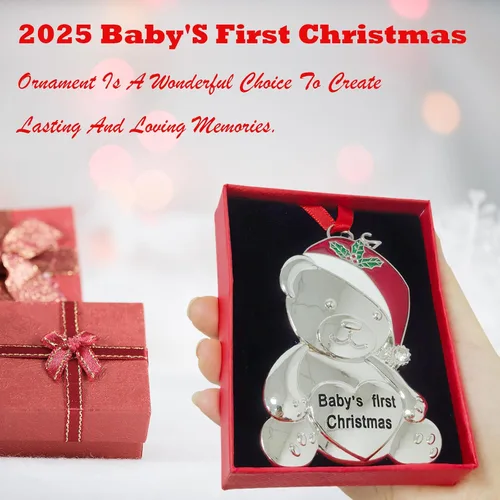Miniatura 5 de Adorno personalizado para la primera Navidad del bebé 2025, decoración del árbol de Navidad, oso de peluche de metal con gorro de Navidad rojo