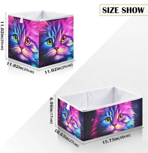 Miniatura 3 de Vnurnrn Cubo de almacenamiento plegable con impresión de gato morado brillante, cestas organizadoras con tablero de soporte para armario de estante
