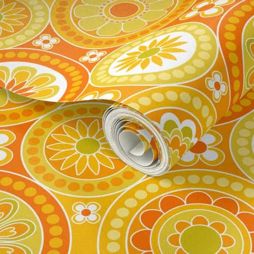 Miniatura 2 de Papel tapiz para despegar y pegar, azulejos circulares, flores amarillas, retro, naranja, geométrico, de los años 70, 60, vintage, extraíble, por