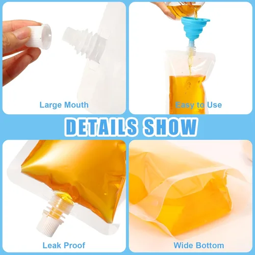 Miniatura 2 de Patelai 300 bolsas de plástico para líquidos, bolsas reutilizables para jugos, bolsas de viaje a prueba de fugas de agua a granel con embudo