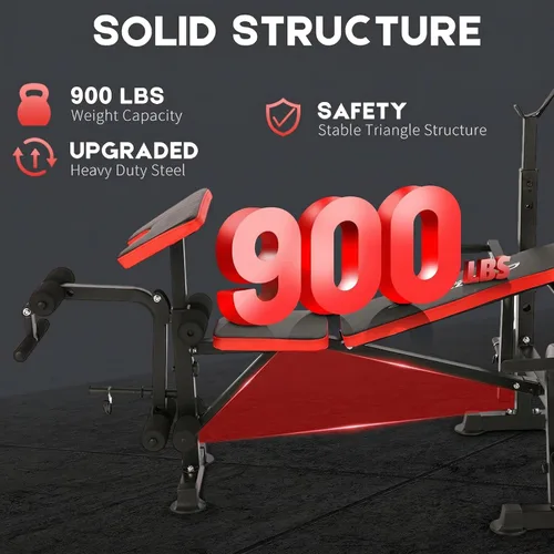 Miniatura 3 de OPPSDECOR ZWX1113 - Juego de banco de pesas 6 en 1 de 900 libras con estante para sentadillas, banco de entrenamiento con extensión de piernas, Rojo