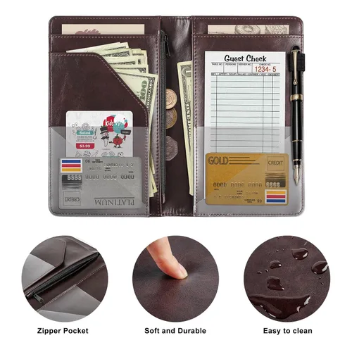 Miniatura 4 de Libreta de mesera para camarera, organizador de cuero con bolsillo con cremallera, folleto para personal de restaurante, soporte para cheques de Café