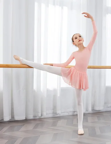 Miniatura 6 de Zaclotre Leotardos de ballet para niñas, de manga larga, espalda cruzada, traje de baile con falda brillante extraíble