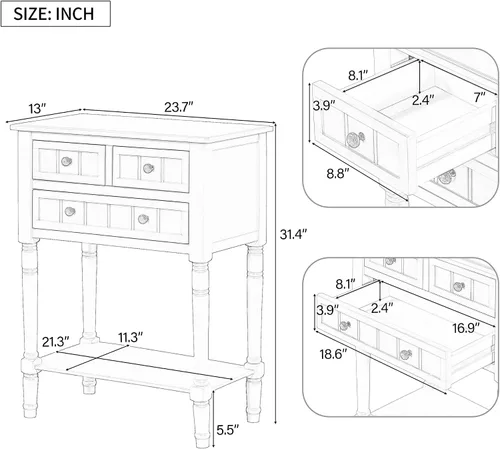 Miniatura 2 de Knocbel Mesa consola de entrada antigua delgada con 3 cajones y estante inferior abierto, mesa de sofá estrecha de madera maciza para entrada