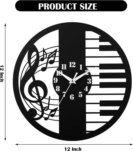 Miniatura 7 de Reloj de pared con temática musical de 12 pulgadas, diseño de teclas de piano y notas musicales, silencioso y funciona con pilas, perfecto para sala