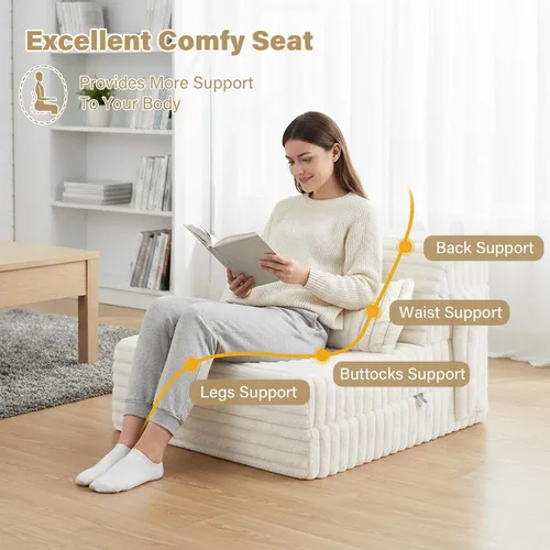 Miniatura 3 de Tiita Sofá Cama Plegable - Silla Reclinable Convertible de 4 Pliegues con Funda de Pana y Almohada Rectangular, Colchón de Sofá de Suelo para beige