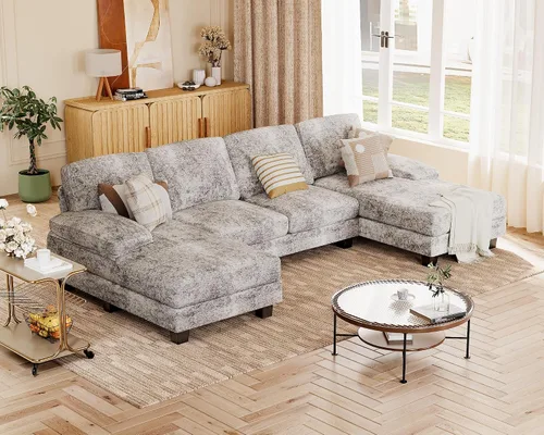 Miniatura 6 de JUMMICO Sofás Seccionales para Sala de Estar, Sofá en Forma de U con Tela de Chenilla, Sofá Moderno de 4 Asientos con Almohadas Removibles para Gris