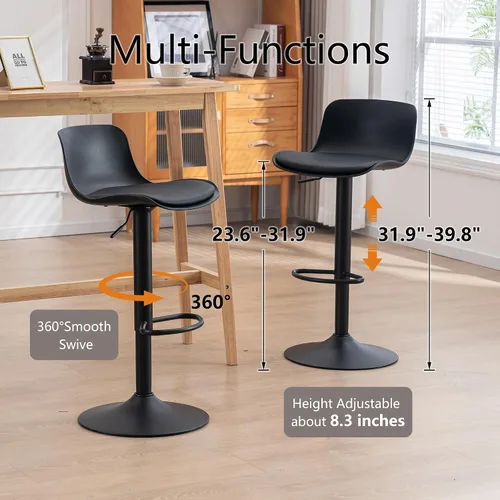 Miniatura 8 de YOUTASTE Juego de 2 taburetes de bar totalmente negros, taburetes de bar giratorios ajustables con respaldo, asientos de silla de bar acolchados