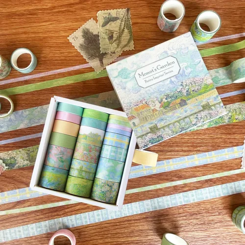 Miniatura 6 de Juego de 20 rollos de cinta washi vintage y 30 calcomanías para sellos de plantas naturales florales, cinta adhesiva estética para suministros