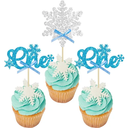 Miniatura 27 de Gyufise 24 adornos de copos de nieve Oh Baby para cupcakes con purpurina azul, decoración de pastel de baby shower congelado para baby shower